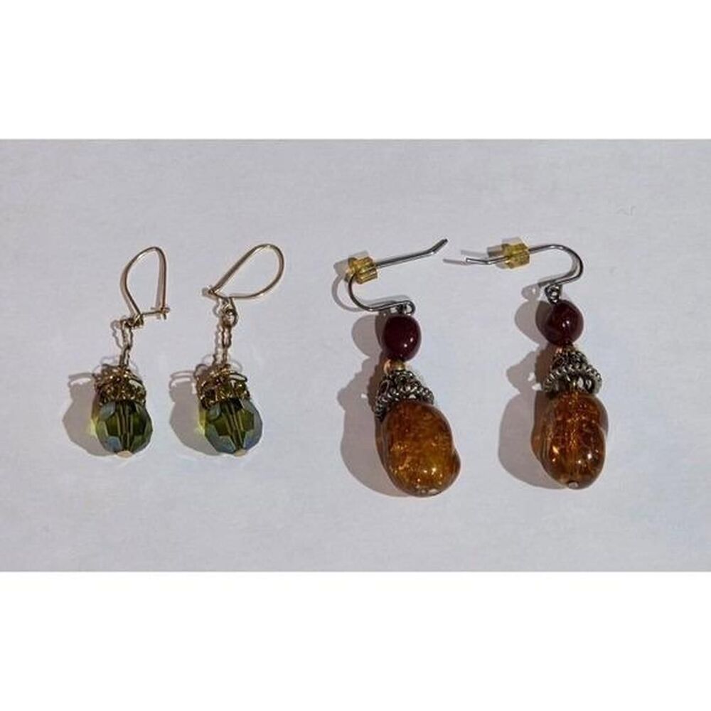 Set of 2 Beaded Drop Earrings Green Crystal Amber Tone Boho Filigree Dangle